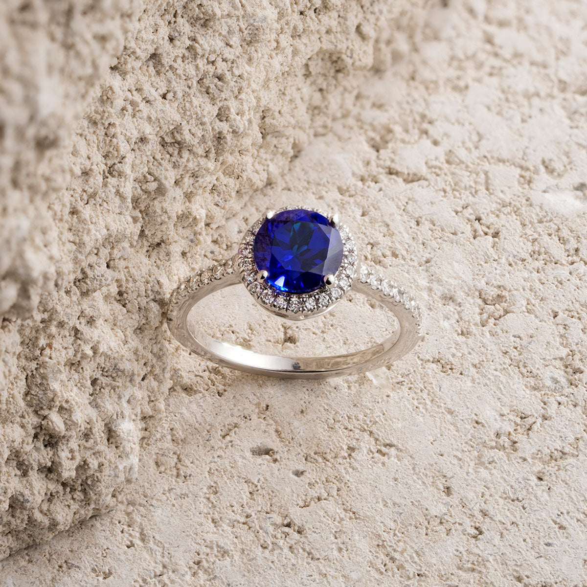 Astra 3.60ct Lab Sapphire and Diamond Halo Shoulder Set Round Cut in Silver